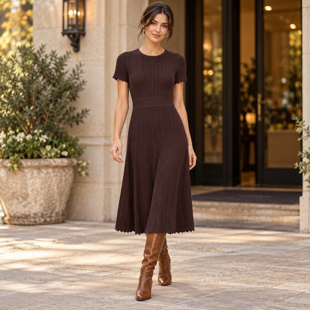 Ted Baker London Dark Chocolate Pointelle Ribbed Knit Midi Dress S NWT